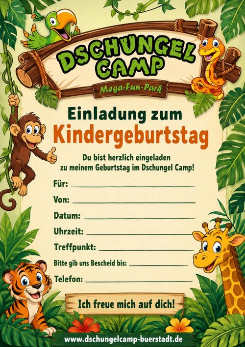 Vorschau der Einladungskarte zum Kindergeburtstag im Dschungel-Camp