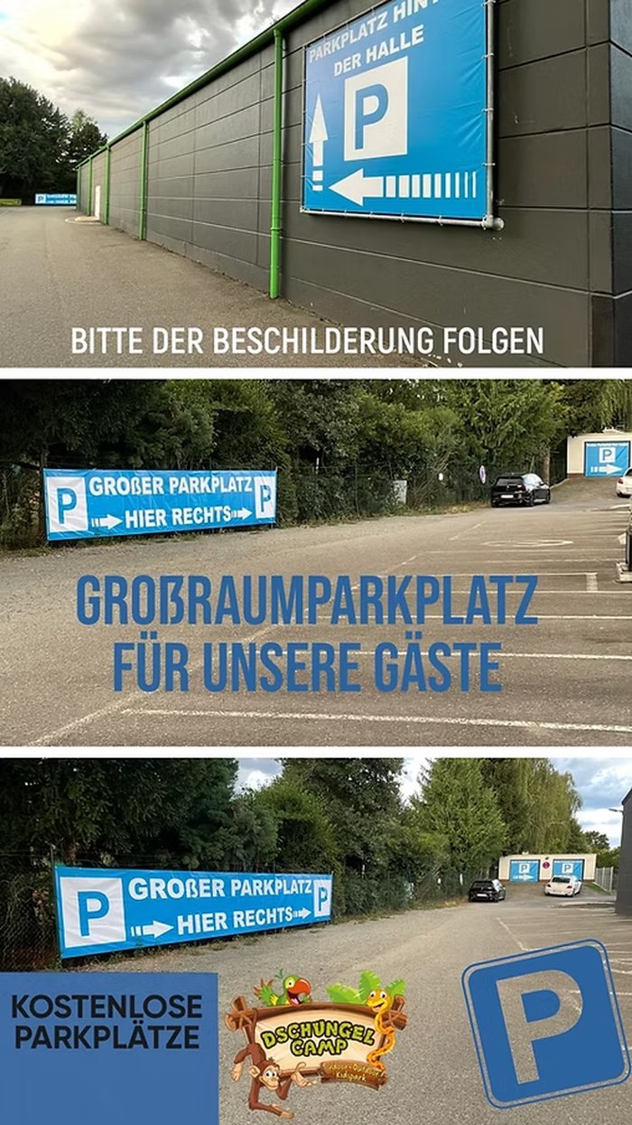 Kostenloser Großraumparkplatz direkt am Dschungel-Camp Bürstadt mit Beschilderung